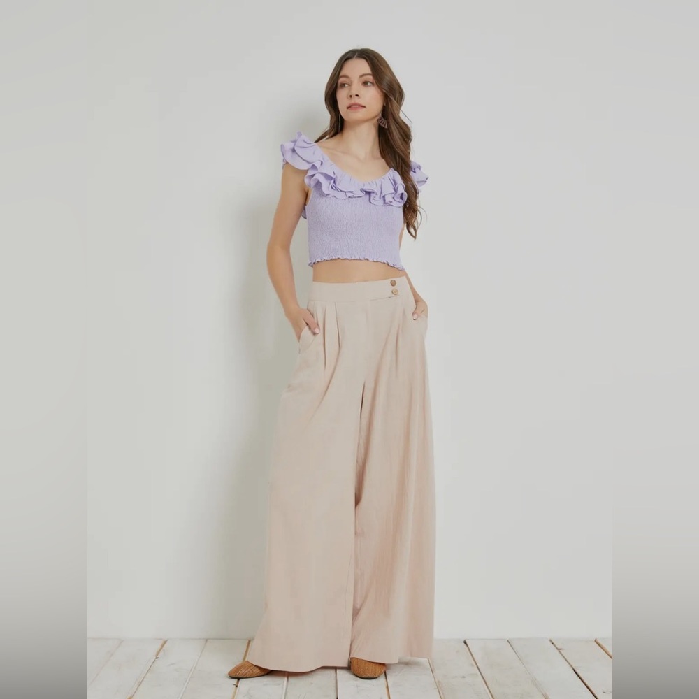 NEW Overlap Waist Crinkled Cotton Pants Light Beige